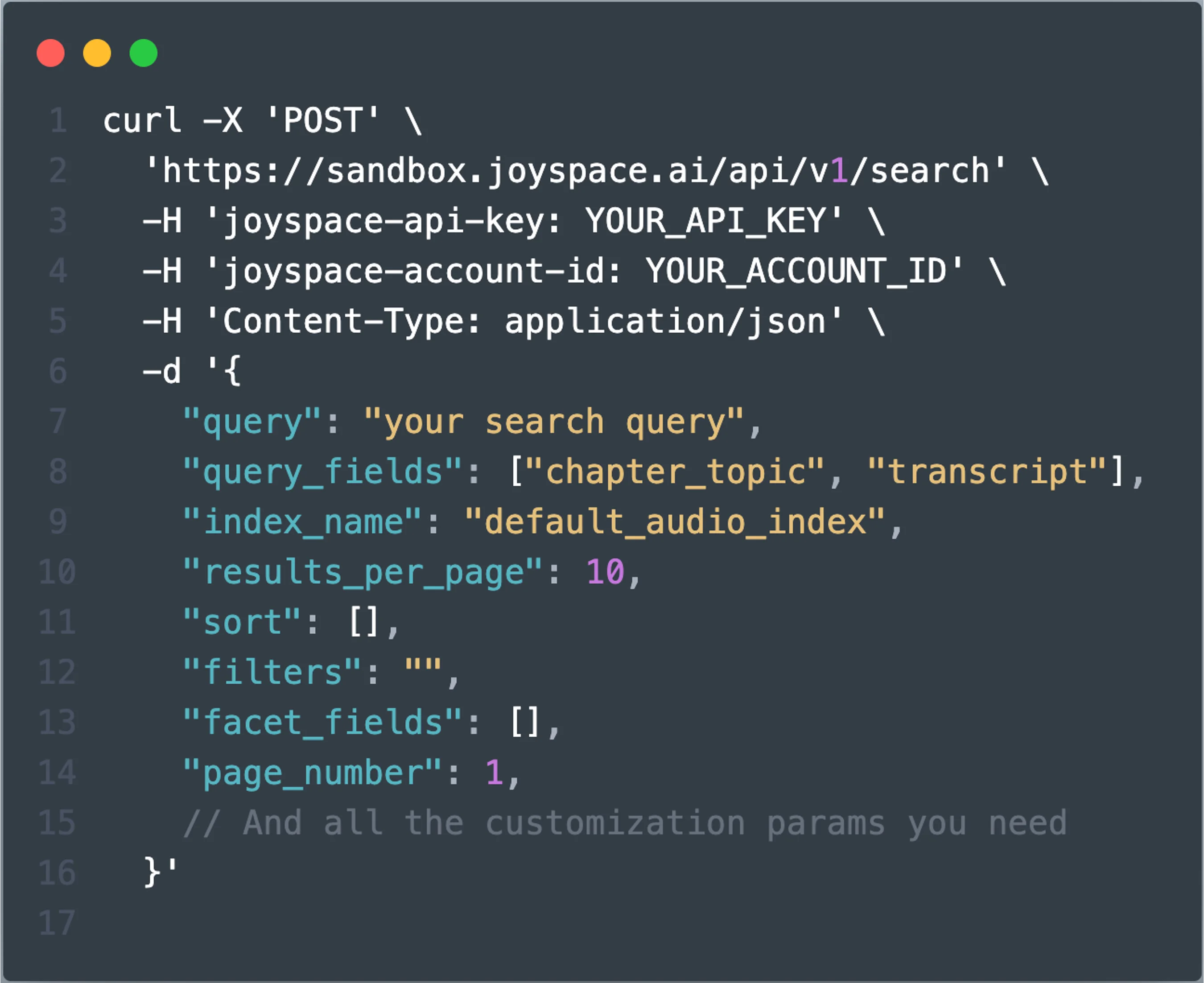 Joyspace Video Search request using cURL. It sends query, conveys which fields to query, which index to query, with possible sorting, faceting and filtering params.
