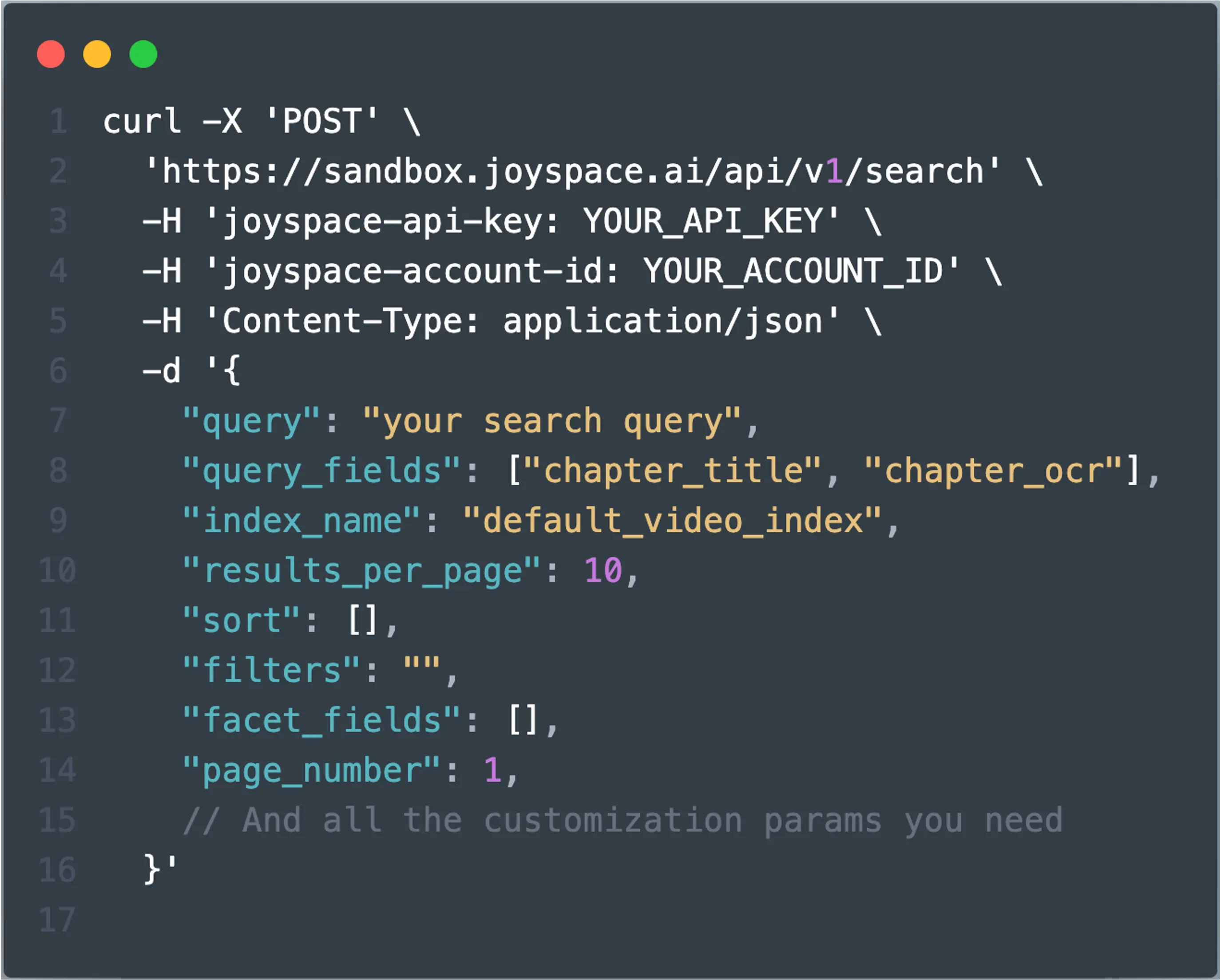 Joyspace Video Search request using cURL. It sends query, conveys which fields to query, which index to query, with possible sorting, faceting and filtering params.
